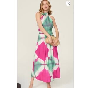 BUSAYO Green Pink Tie Dye Halter A-Line Sleeveless Tie Neck Gown size 0
